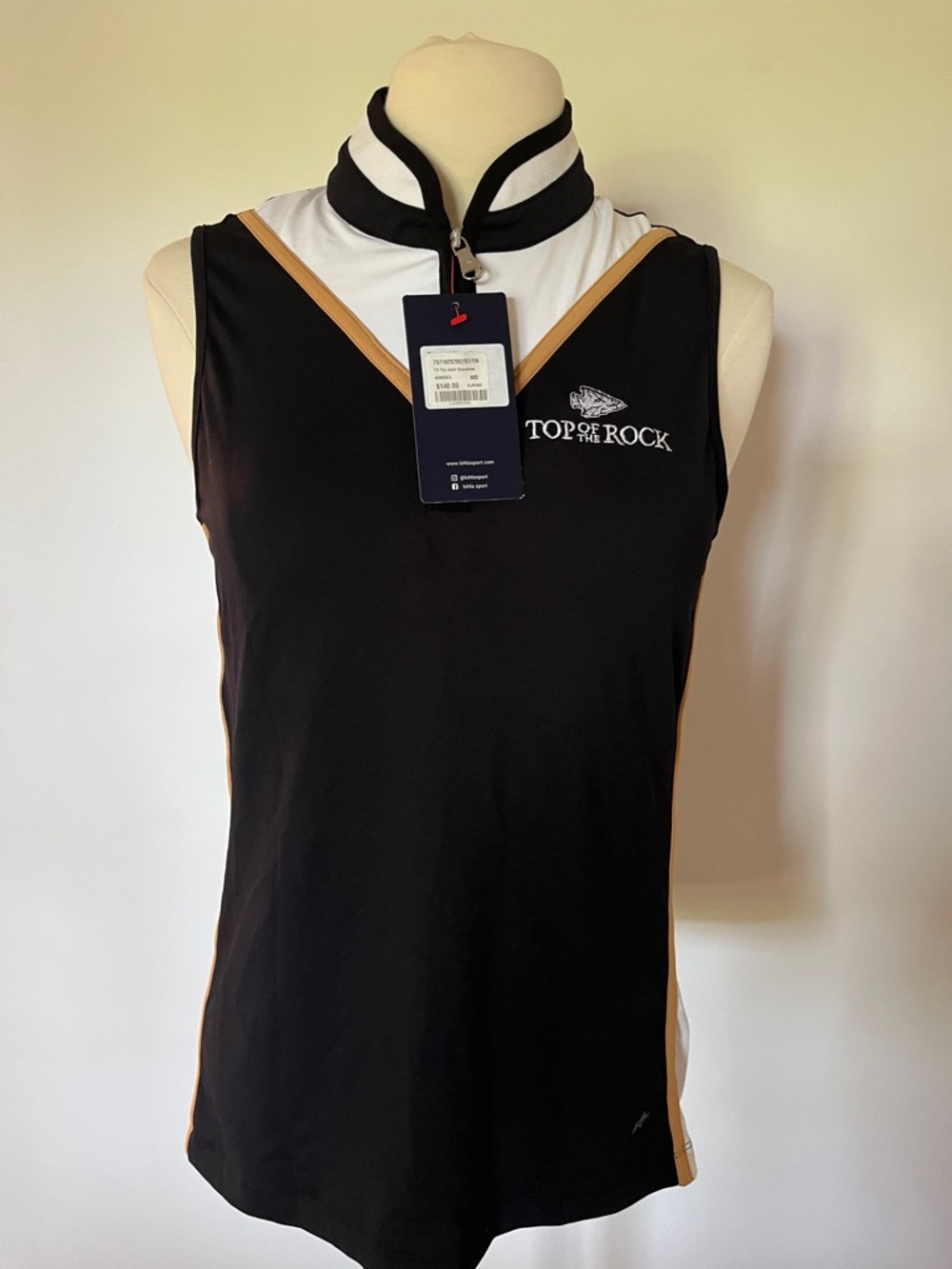 Women's Black Sleeveless Polo Tank with Tan Trim